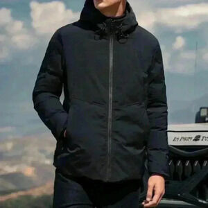Causal Black Zip-Up Men's Hooded Puffer Coat
